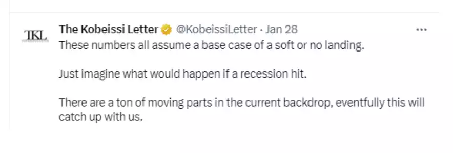 Tweet by @KobeissiLetter on a potential recession